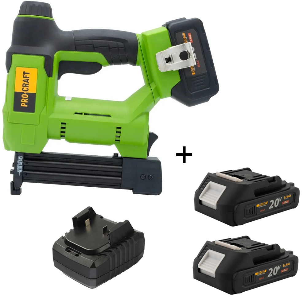 Mașini de găurit și înșurubat - SET: Capsator pe acumulator 20V, capse T600/T606, cuie tip F, magazie 100 buc, PEH20 [Include: Doi acumulatori și încărcător]