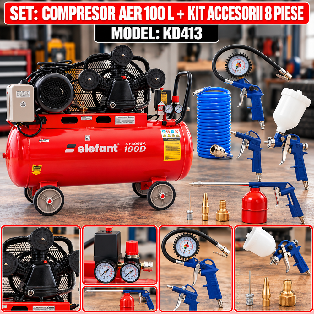SET: Compresor aer 100 L, 4 CP, 8 bar, 0,5 m³/min + Kit accesorii pneumatice 8 piese, furtun 5 m [10]