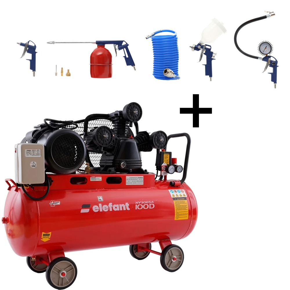 OFERTA ZILEI - SET: Compresor aer 100 L, 4 CP, 8 bar, 0,5 m³/min + Kit accesorii pneumatice 8 piese, furtun 5 m