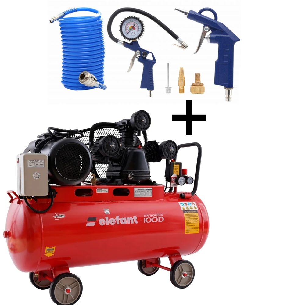 OFERTA ZILEI - SET: Compresor aer 100 L, 4 CP, 8 bar, debit 0,5 m³/min + Kit accesorii 6 piese, furtun 5 m, pistol umflat și suflat