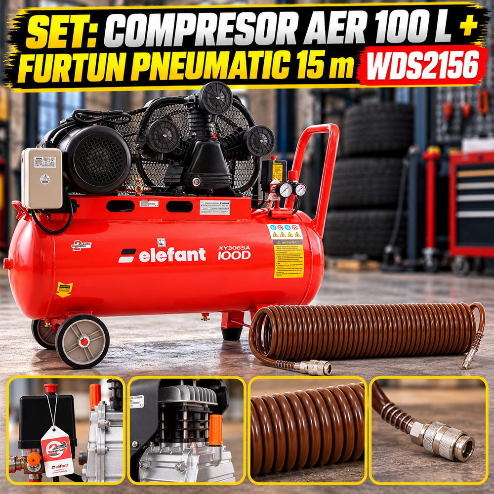SET: Compresor aer 100 L, 4 CP, 8 bar, debit 0,5 m³/min + Furtun pneumatic spiralat 15 m, 5 × 8 mm [10]
