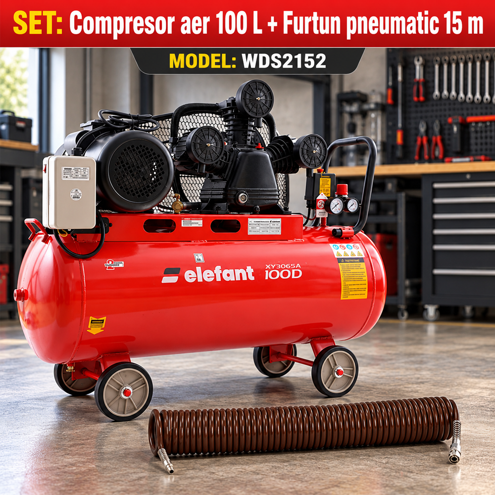 SET: Compresor aer 100 L, 4 CP, 8 bar, debit 0,5 m³/min + Furtun pneumatic spiralat 15 m, 8 × 12 mm [10]