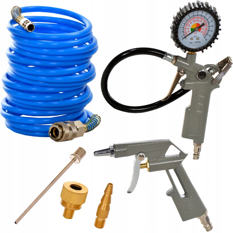 SET: Compresor aer 100 L, 4 CP, 8 bar, debit 0,5 m³/min + Kit accesorii 6 piese, furtun 5 m, pistol umflat și suflat [9]
