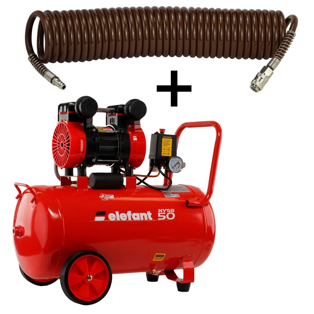 OFERTA ZILEI - SET: Compresor aer 50 L, 2,3 CP, 8 bar, 0,25 m³/min + Furtun pneumatic spiralat 10 m, 8 × 12 mm