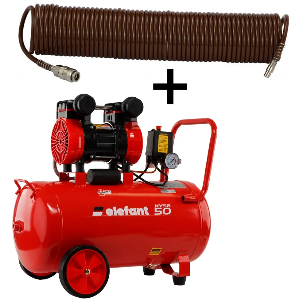 OFERTA ZILEI - SET: Compresor aer 50 L, 2,3 CP, 8 bar, 0,25 m³/min + Furtun pneumatic spiralat 15 m, 5 × 8 mm