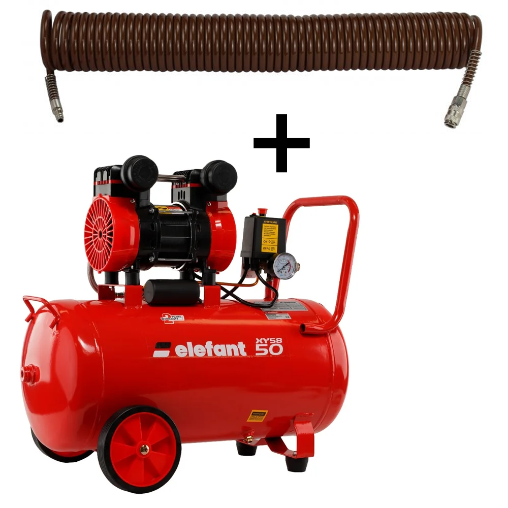 OFERTA ZILEI - SET: Compresor aer 50 L, 2,3 CP, 8 bar, 0,25 m³/min +  Furtun pneumatic spiralat 15 m, 8 × 12 mm