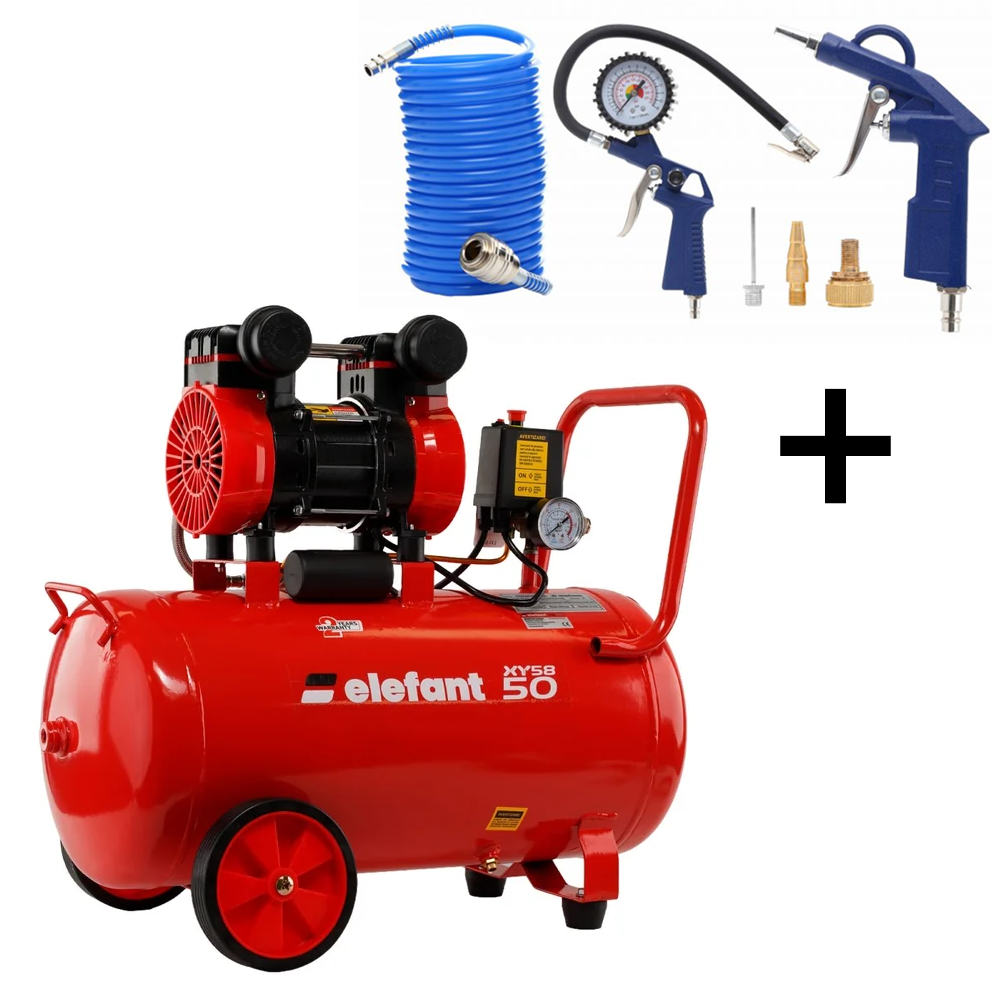 OFERTA ZILEI - SET: Compresor aer 50 L, 2,3 CP, 8 bar, 0,25 m³/min + Kit accesorii 6 piese, furtun 5 m, pistol umflat și suflat
