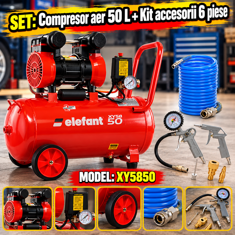 SET: Compresor aer 50 L, 2,3 CP, 8 bar, 0,25 m³/min + Kit accesorii 6 piese, furtun 5 m, pistol umflat și suflat [8]