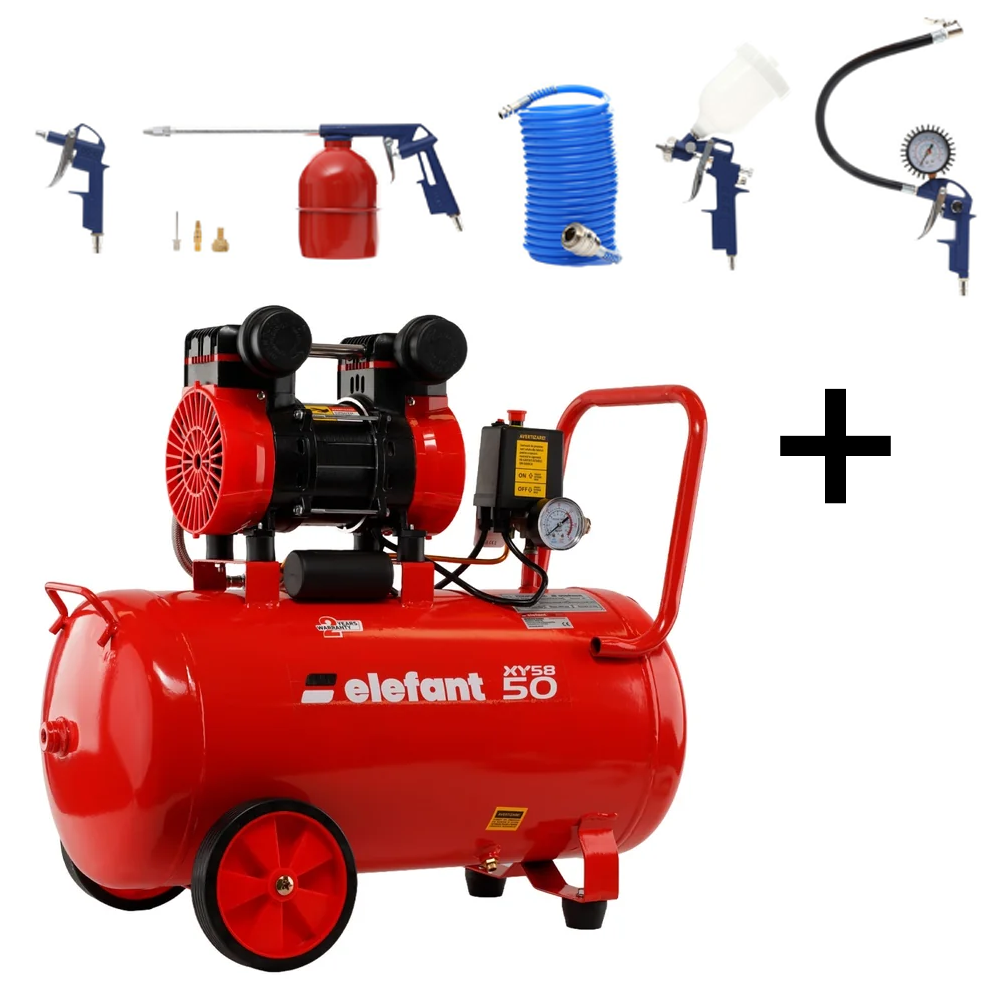 OFERTA ZILEI - SET: Compresor aer 50 L, 2,3 CP, 8 bar, 0,25 m³/min + Kit accesorii pneumatice 8 piese, furtun 5 m - ELEFANT
