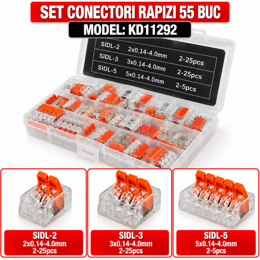 Set conectori rapizi pentru fire, 55 buc., 2/3/5 căi, 0,14–4,0 mm², KD11292 [4]