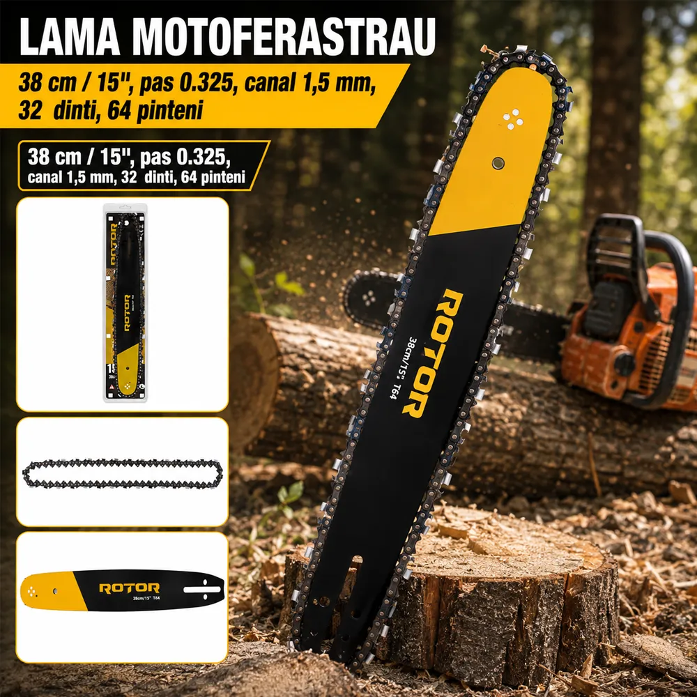 Set lamă + lanț motoferăstrău 38 cm / 15", pas 0.325", canal 1,5 mm, 32 dinți, 64 pinteni [2]