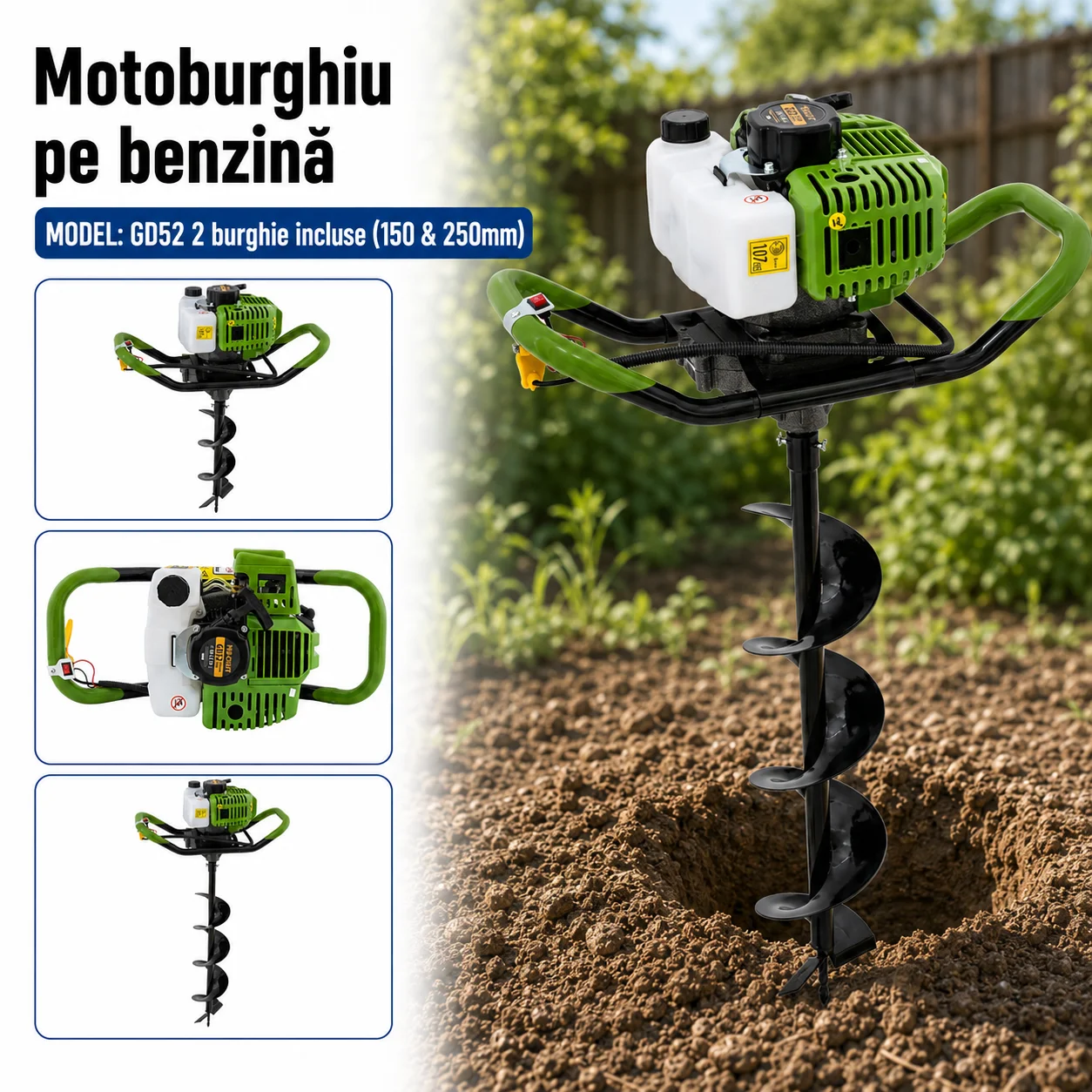 SET: Motoburghiu pe benzină 52CC, 1400W, 2T + 2 x burghie 150 & 250mm incluse, GD52 [4]