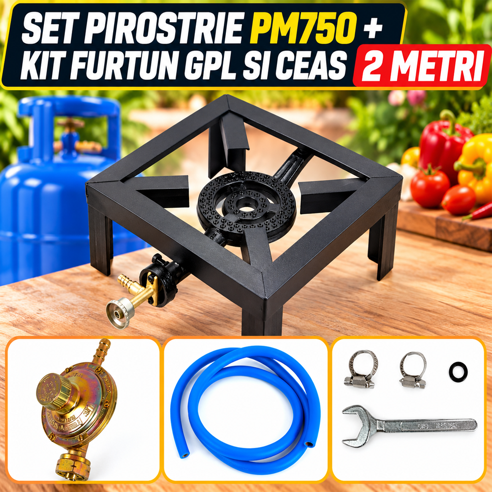 SET: Pirostrie pătrată pentru gătit în aer liber, 26,5 x 26,5 cm, PM750 + Kit furtun GPL si ceas 2 metri [2]