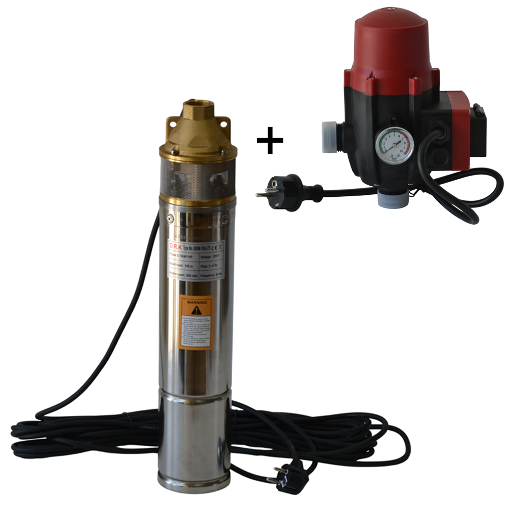 Pompe submersibile - SET: Pompă submersibilă 4SKM-100, 0,75 kW, 3000 l/h, refulare 100 m, 2 turbine, cablu 15 m + Presostat electronic PC-13AB