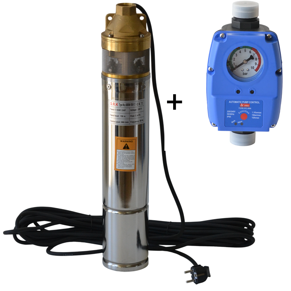 Pompe submersibile - SET: Pompă submersibilă 4SKM-150, 1.1 kW, 3000 l/h, refulare 150 m, 2 turbine, cablu 15 m + Presostat electronic PC-59N