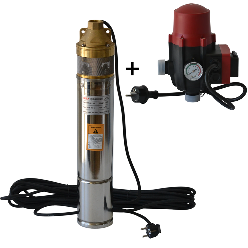 Pompe submersibile - SET: Pompă submersibilă 4SKM-150, 1.1 kW, 3000 l/h, refulare 150 m, 2 turbine, cablu 15 m + Presostat electronic PC-13AB