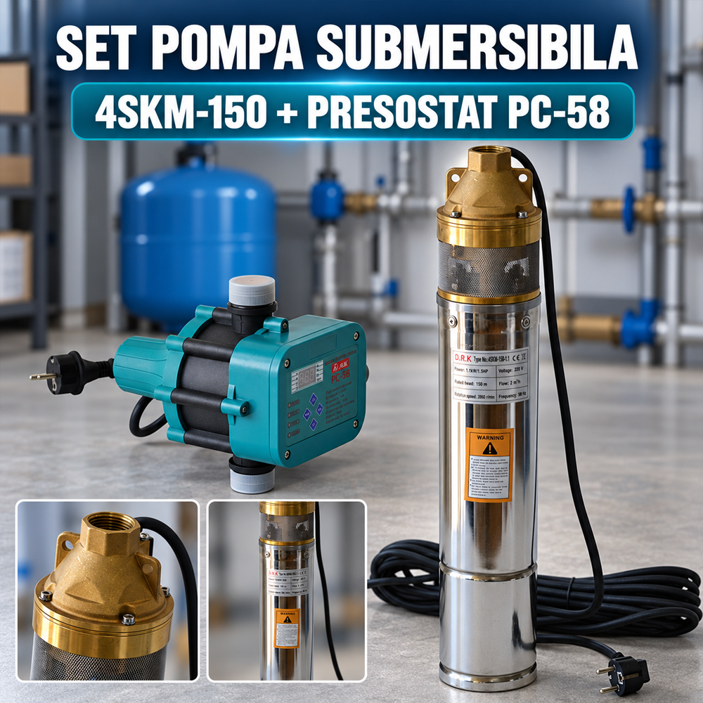 SET: Pompă submersibilă 4SKM-150, 1.1 kW, 3000 l/h, refulare 150 m, 2 turbine, cablu 15 m + Presostat electronic digital PC-58 [5]