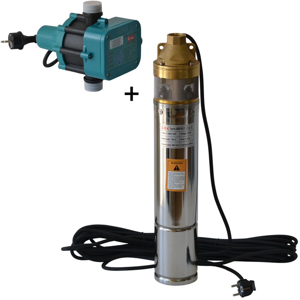Pompe submersibile - SET: Pompă submersibilă 4SKM-150, 1.1 kW, 3000 l/h, refulare 150 m, 2 turbine, cablu 15 m + Presostat electronic digital PC-58