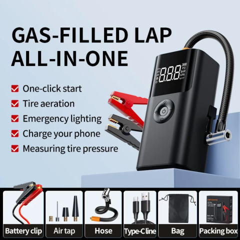 Starter auto 4-în-1 cu 12V si 1000A cu Compresor 150 PSI, USB-C, Power Bank 6000 mAh, LED negru [1]