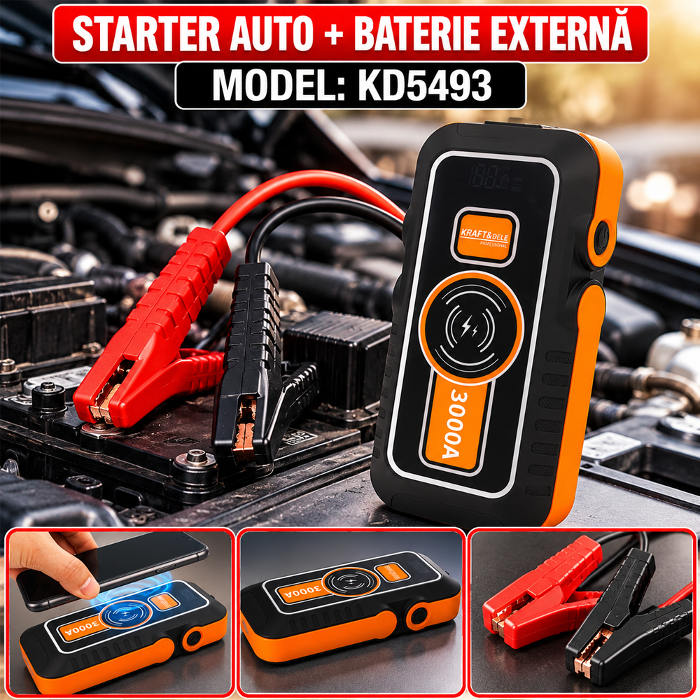 Starter auto + baterie externă 16000 mAh, 800 A pornire, 3000 A maxim, 12 V, Qi 15 W, KD5493 [4]