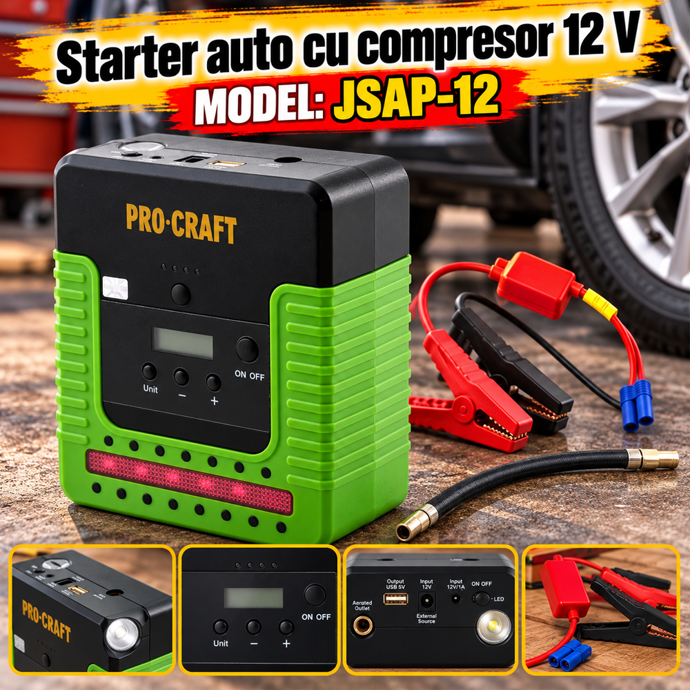 Starter auto cu compresor 12 V, 600 A vârf, 300 A pornire, 30 L/min, JSAP-12 [8]