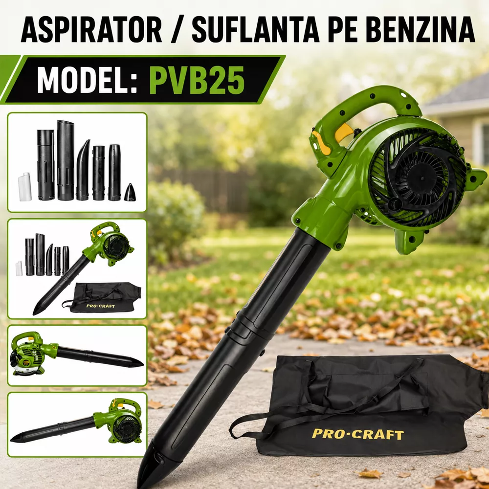 Suflantă/Aspirator frunze cu tocător, benzină, 1,5 CP, 25,4 cm³, 720 m³/h, PVB25 [4]