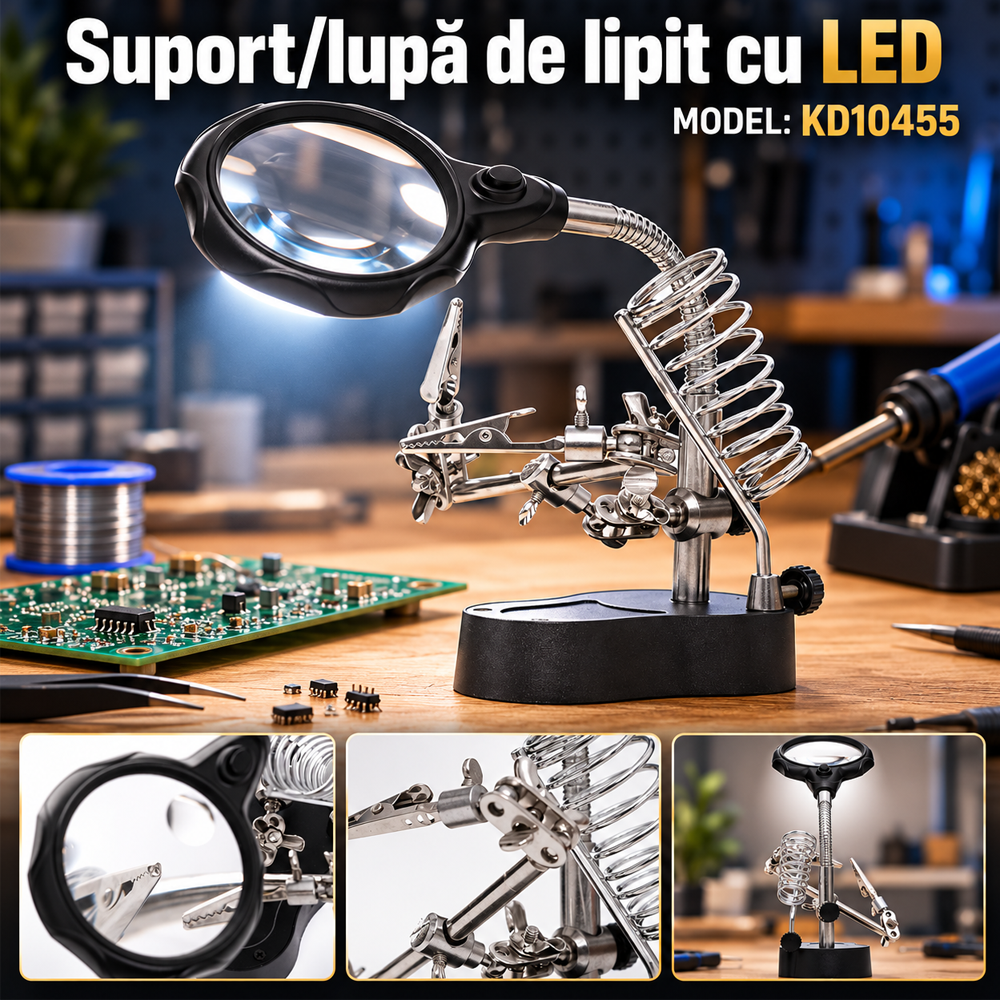 Suport pentru lipit cu lupă și LED, 2,5x / 12x, brațe cu cleme crocodil, KD10455 [4]