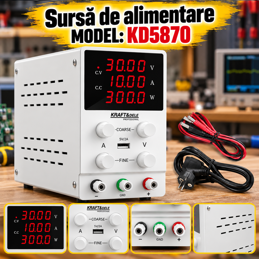 Sursă de alimentare de laborator reglabilă 0–30 V, 0–10 A, eficiență >85%, KD5870 [4]