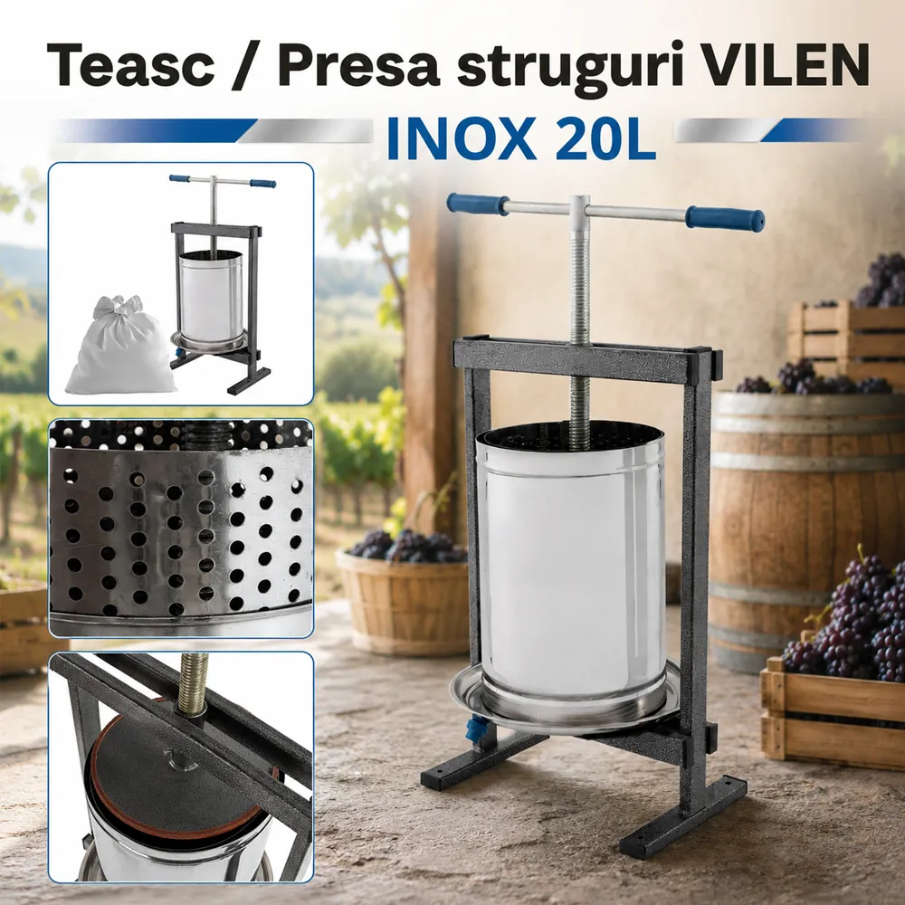 Teasc manual pentru struguri și fructe 20 L, inox, cu sac tescovină [4]