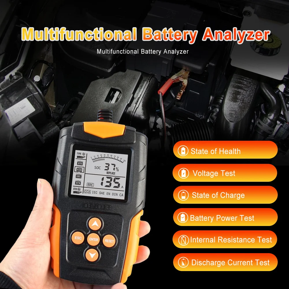 Tester de baterie auto 12V/24V, 100-2000 CCA 2Ah-220 Ah, analizor digital baterie pentru masini, camioane, motociclete, SUV-uri, barci [13]