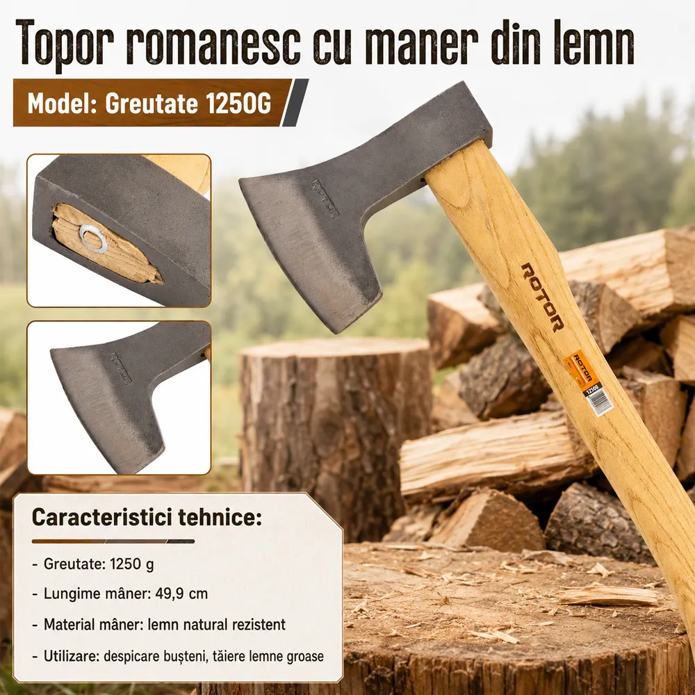 Topor românesc 1250 g cu mâner din lemn, lungime 49,9 cm [3]