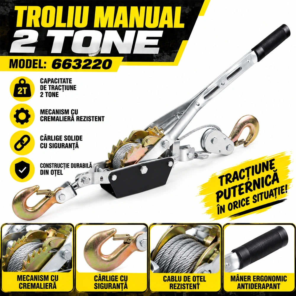Troliu manual 2T, cablu 5 mm x 3 m, angrenaj dublu, cârlige zincate, 663220 [1]