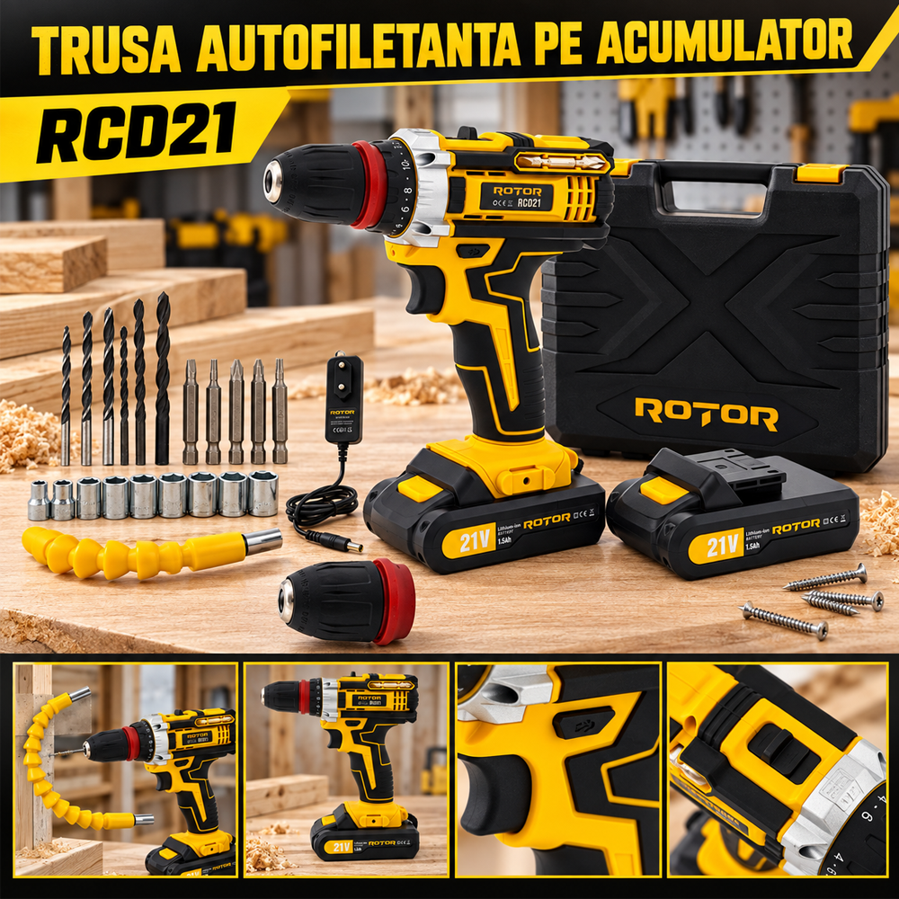 Trusă Mașină de găurit și înșurubat cu acumulator 21V, 30 Nm, Brushless, 2 acumulatori 1,5Ah, RCD21 [8]