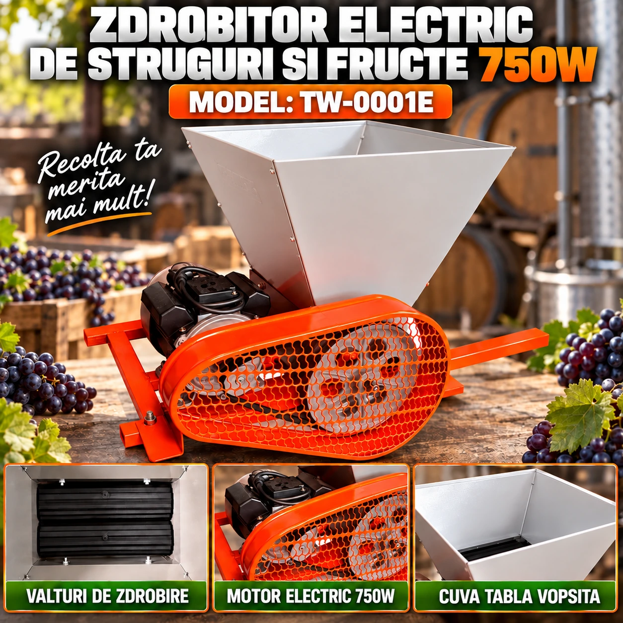 Zdrobitor electric de struguri și fructe 20 L, motor 750W, productivitate 300–500 kg/h, TW-0001E [3]