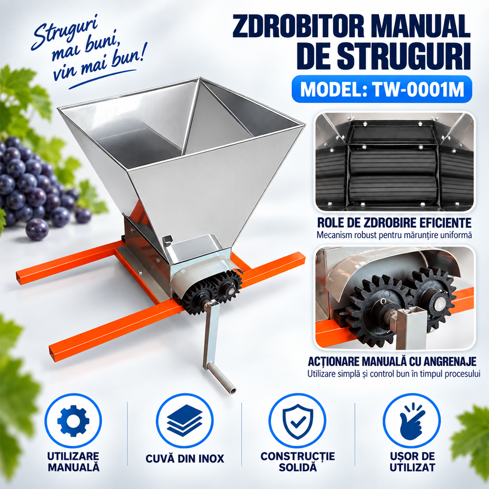 Zdrobitor manual de struguri, capacitate 20 L, cuvă din inox, TW-0001M [3]