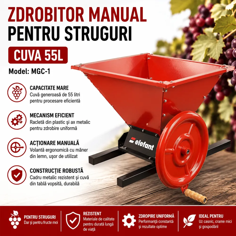 Zdrobitor manual pentru struguri 55 L, cuvă din oțel, tambur din aluminiu, MGC-1 [3]