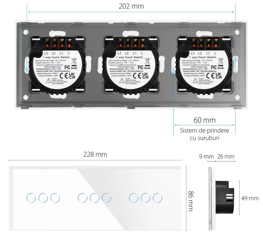 Intrerupator tactil 3 doze configurabil (simplu, dublu, triplu, cap scara, dimabil, etc.) [8]