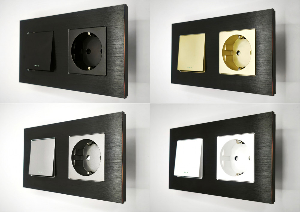 Intrerupator mecanic + priza 2 doze configurabil cu rama de aluminiu (simplu, cap scar/cruce, priza cu wifi, etc). [3]
