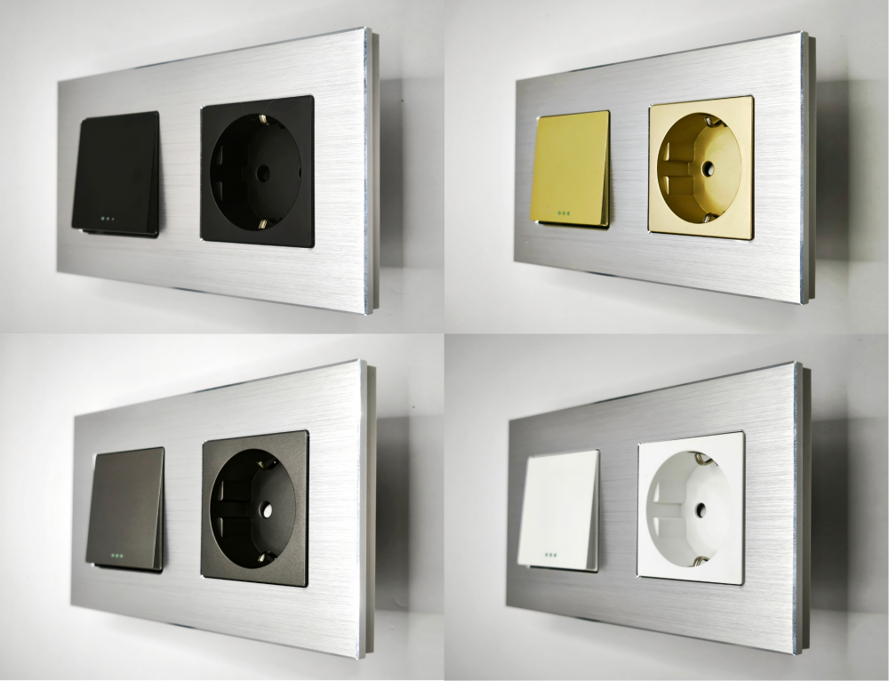 Intrerupator mecanic + priza 2 doze configurabil cu rama de aluminiu (simplu, cap scar/cruce, priza cu wifi, etc). [3]