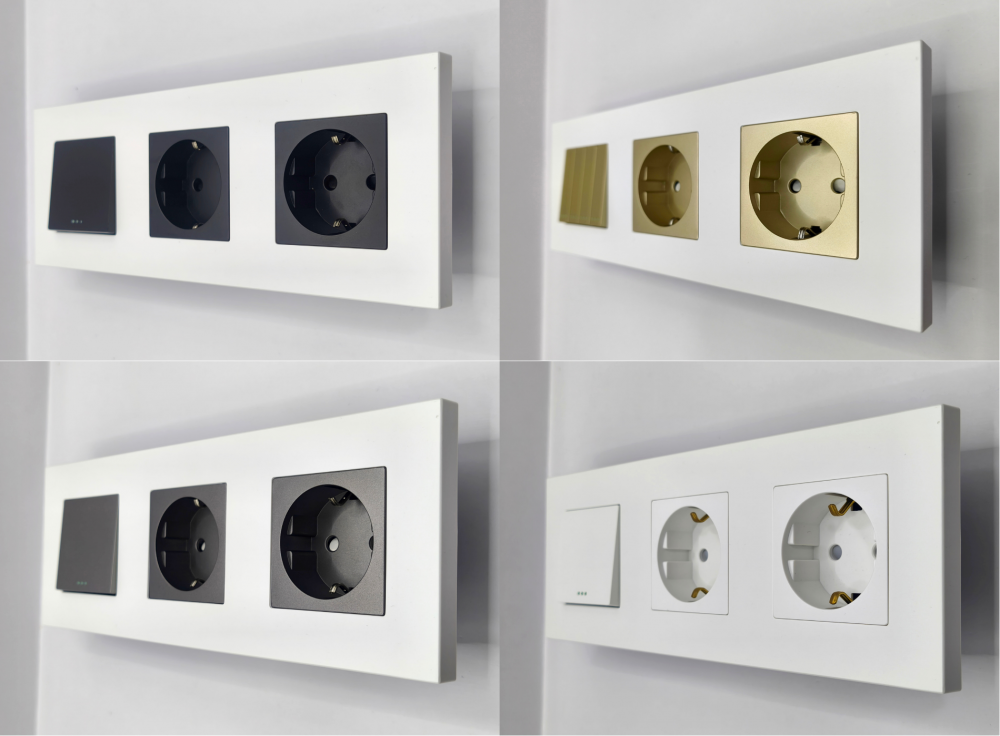 Intrerupator mecanic + priza 2 doze configurabil cu rama de plastic (simplu, cap scar/cruce, priza cu wifi, etc). [3]