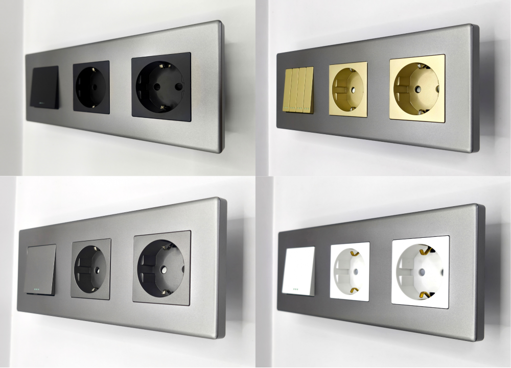 Intrerupator mecanic + priza 2 doze configurabil cu rama de plastic (simplu, cap scar/cruce, priza cu wifi, etc). [3]