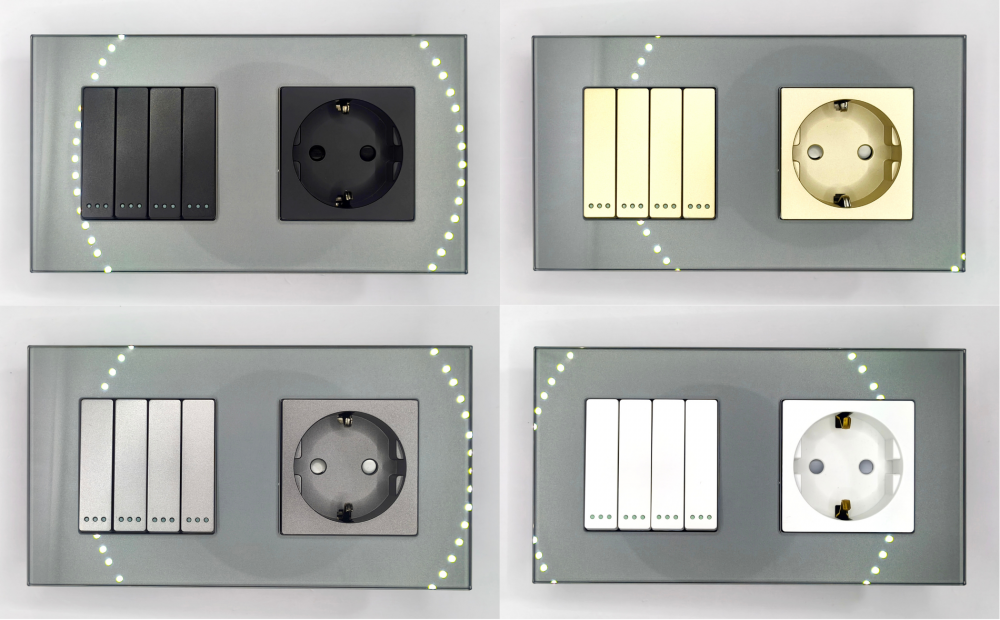 Intrerupator mecanic + priza 2 doze configurabil cu rama de sticla (simplu, cap scar/cruce, priza cu wifi, etc). [4]