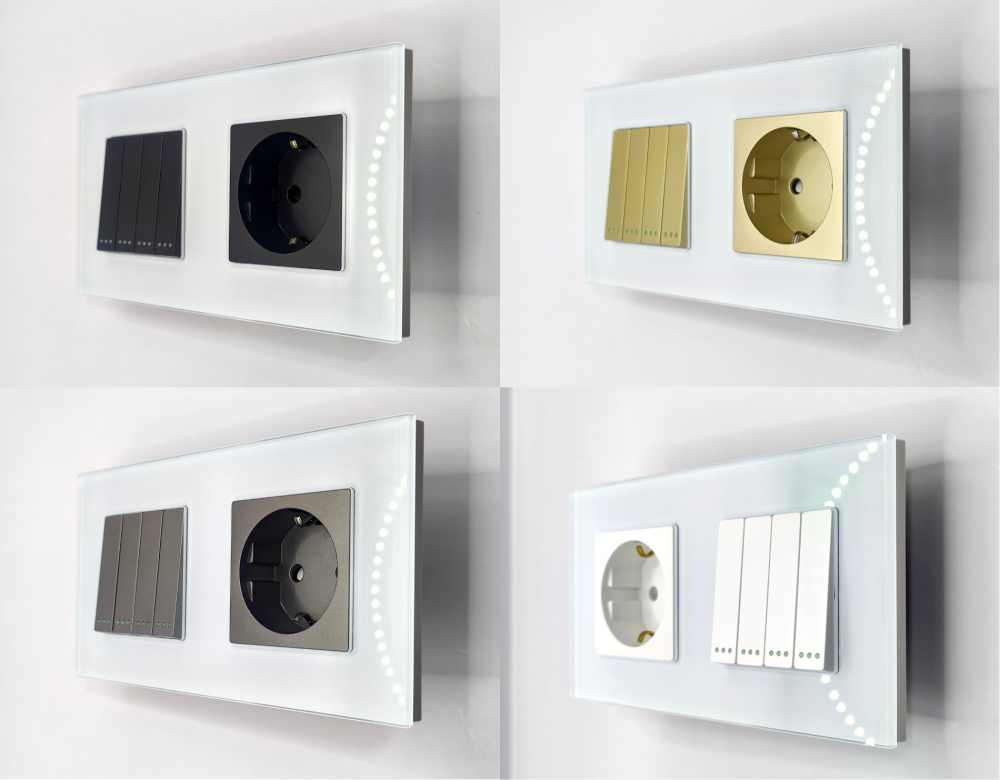 Intrerupator mecanic + priza 2 doze configurabil cu rama de sticla (simplu, cap scar/cruce, priza cu wifi, etc). [3]