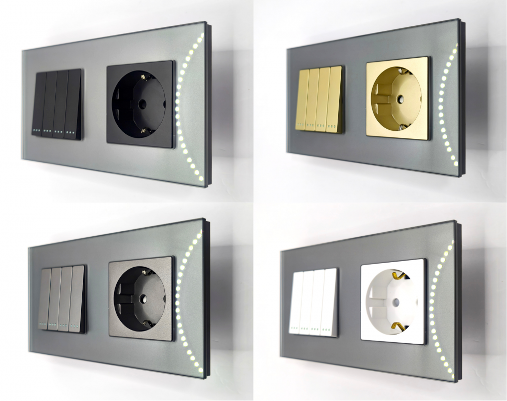 Intrerupator mecanic + priza 2 doze configurabil cu rama de sticla (simplu, cap scar/cruce, priza cu wifi, etc). [3]