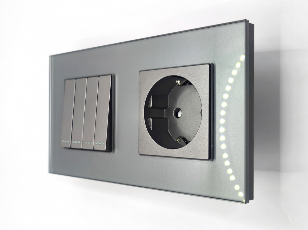 Intrerupator mecanic + priza 2 doze configurabil cu rama de sticla (simplu, cap scar/cruce, priza cu wifi, etc). [1]