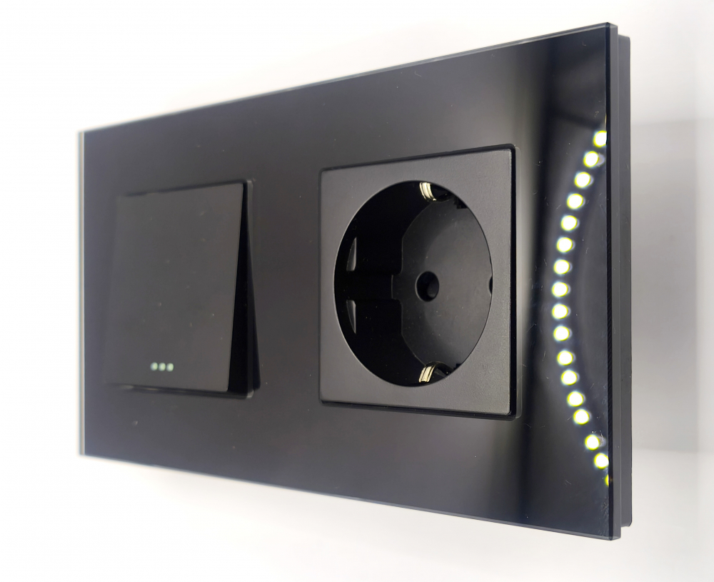 Intrerupator mecanic + priza 2 doze configurabil cu rama de sticla (simplu, cap scar/cruce, priza cu wifi, etc). [1]
