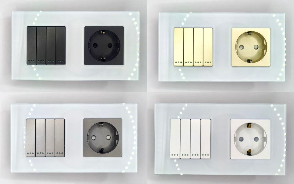 Intrerupator mecanic + priza 2 doze configurabil cu rama de sticla (simplu, cap scar/cruce, priza cu wifi, etc). [4]
