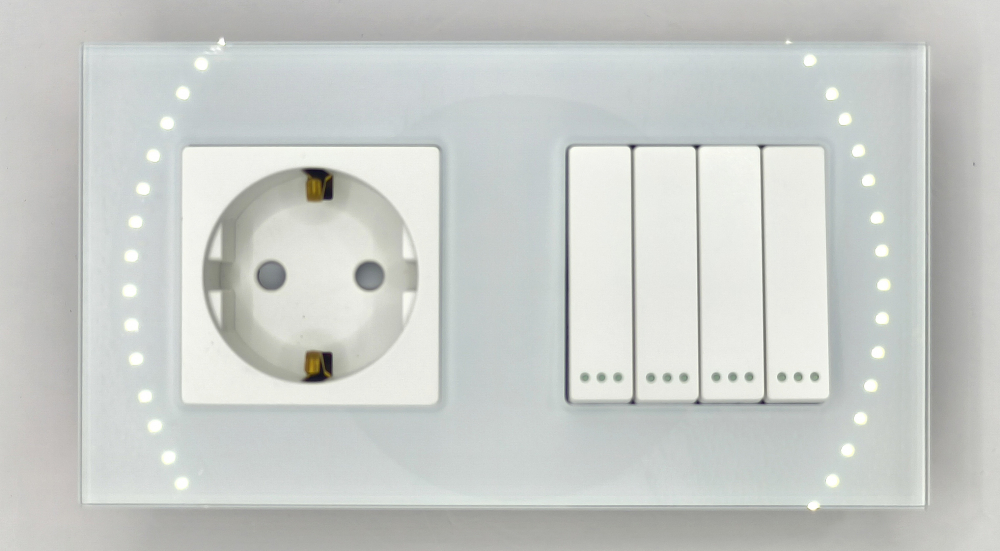 Intrerupator mecanic + priza 2 doze configurabil cu rama de sticla (simplu, cap scar/cruce, priza cu wifi, etc). [2]
