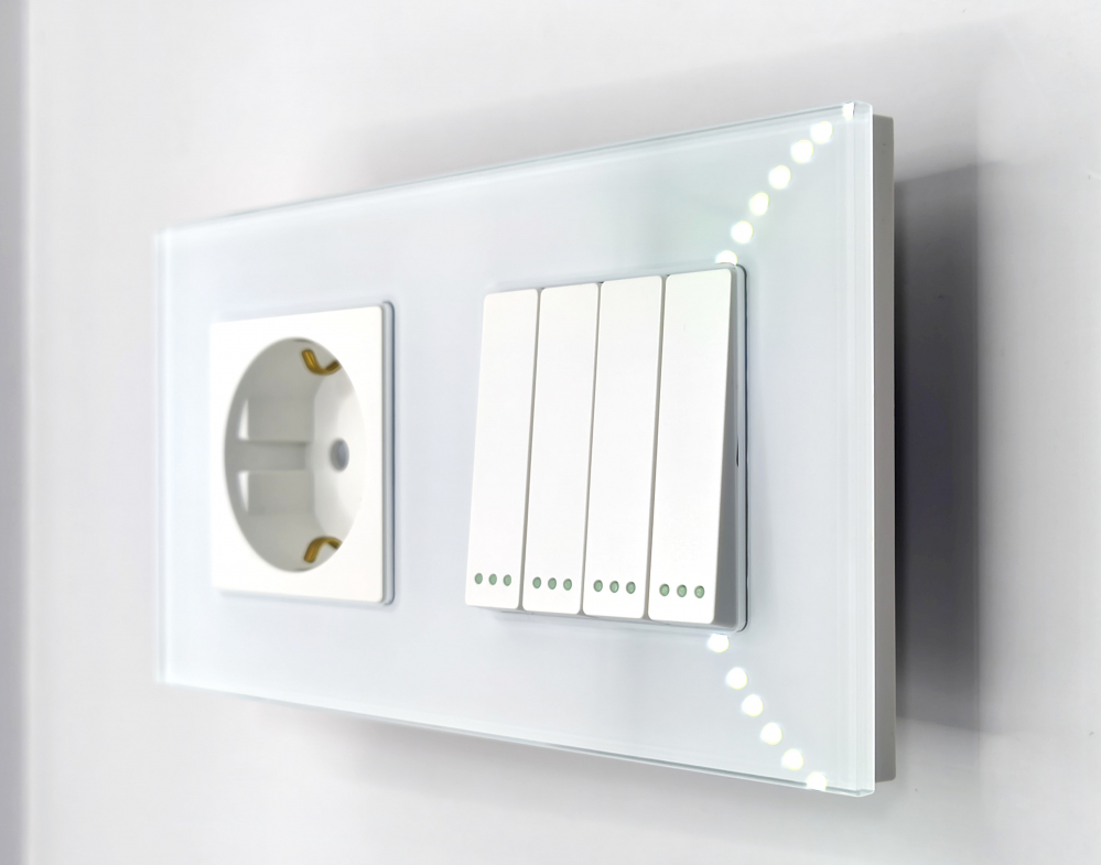 Intrerupator mecanic + priza 2 doze configurabil cu rama de sticla (simplu, cap scar/cruce, priza cu wifi, etc). [1]