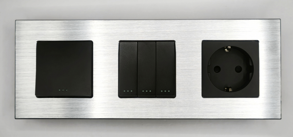Intrerupator mecanic + priza 3 doze configurabil cu rama de aluminiu (simplu, cap scar/cruce, priza cu wifi, etc), [6]